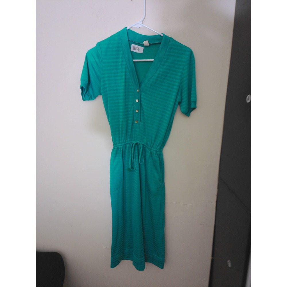 Unbranded Midi Dress Women's Medium Teal Striped Vtg Inspo Button Drawstring